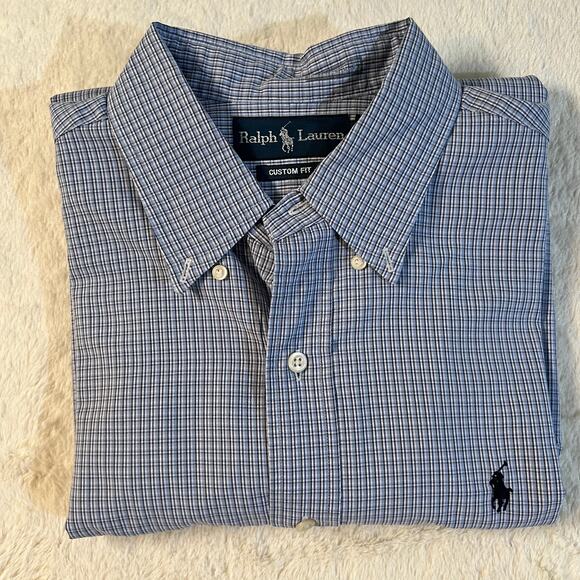 Ralph Lauren Custom Fit - Mens L L/S Button Down Oxford - Blue Gray White Plaid - Picture 13 of 13